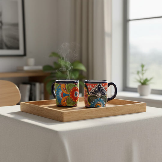 The Talavera Hub hand-painted ceramic coffee mugs with vibrant floral patterns on a wooden tray.