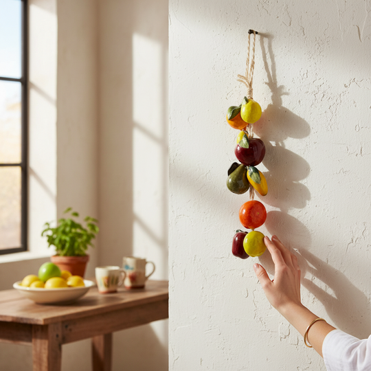 The Talavera Hub hand-painted ceramic fruit garland with apples, oranges, and pears in vibrant colors.