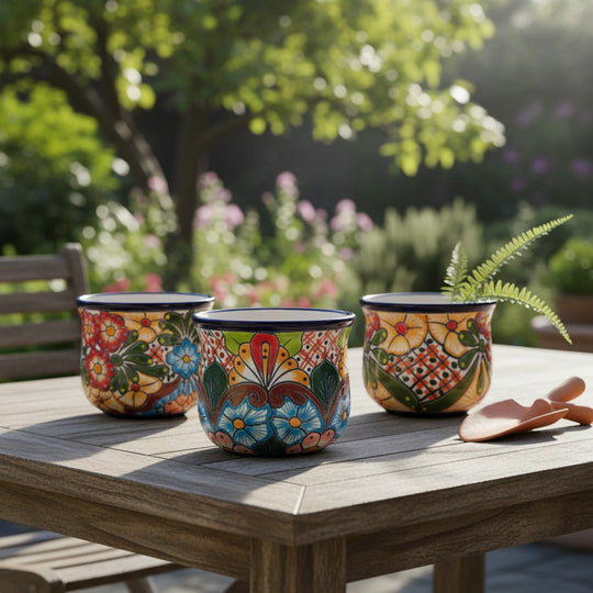 The Talavera Hub set of three hand-painted Mexican flower pots with colorful floral and geometric folk art designs.