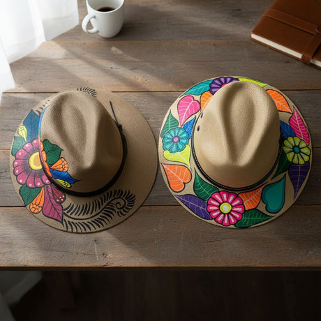 The Talavera Hub hand-painted straw hats with vibrant floral designs. Each sombrero is unique, featuring colorful folk art patterns.