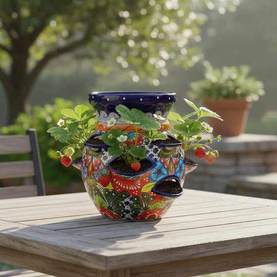 The Talavera Hub hand-painted Mexican ceramic strawberry planter with vibrant floral patterns on a wooden patio table.