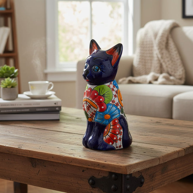 Hand-Painted Talavera Cat Statue Vibrant Folk Decor