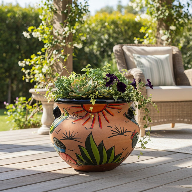The Talavera Hub hand-painted terracotta planter with desert motifs of cacti and sunbursts on a wooden patio deck.