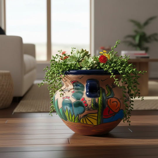 The Talavera Hub hand-painted terracotta planter with desert cactus motifs and glossy blue rim holding succulents.