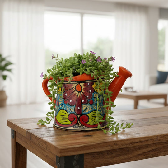 The Talavera Hub hand-painted ceramic watering can planter with floral design in orange, blue, yellow, and green.