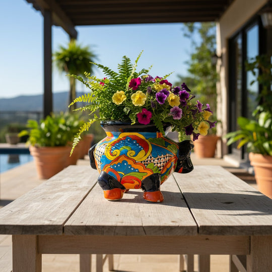 The Talavera Hub handcrafted ceramic cow planter, hand-painted with vibrant blue, yellow, orange, and green floral patterns. Features black accents and orange hooves.