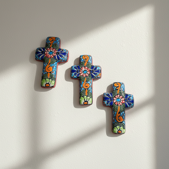 The Talavera Hub set of 3 small, hand-painted ceramic crosses with floral and swirl designs in blue, red, green, and orange.