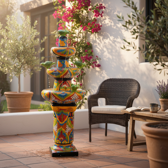 The Talavera Hub 4ft tall handcrafted ceramic fountain, hand-painted with vibrant floral and animal motifs in blue, green, orange, and yellow.