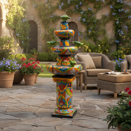 The Talavera Hub 4ft tall handcrafted ceramic fountain, hand-painted with vibrant floral and animal motifs in blue, green, orange, and yellow.