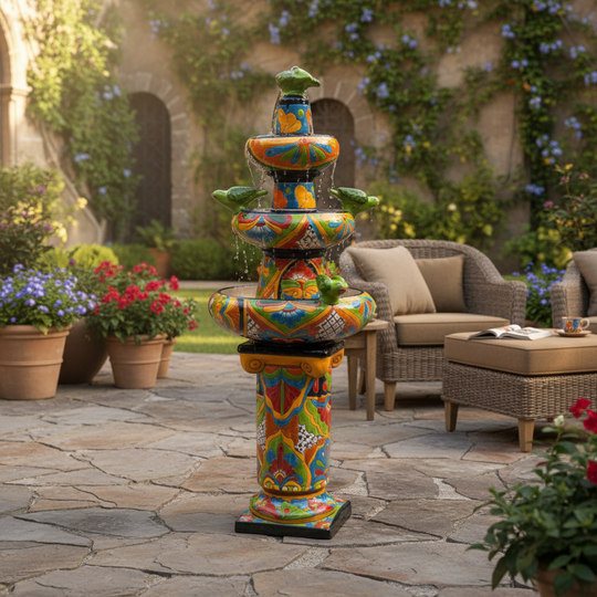 The Talavera Hub 4ft tall handcrafted ceramic fountain, hand-painted with vibrant floral and animal motifs in blue, green, orange, and yellow.