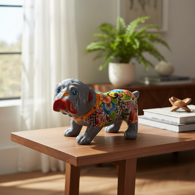 The Talavera Hub handmade gray bulldog statue with colorful floral Talavera patterns and blue eyes.