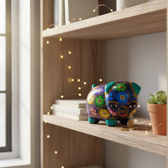 The Talavera Hub handmade Guerrero ceramic piggy bank with vibrant hand-painted floral motifs on a wooden shelf.