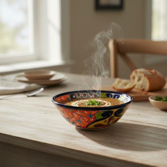 The Talavera Hub 7.5-inch handmade Mexican ceramic soup bowl with vibrant hand-painted floral patterns on a table.