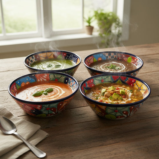 Four The Talavera Hub handmade ceramic soup bowls with vibrant hand-painted Mexican patterns on a rustic wooden table.