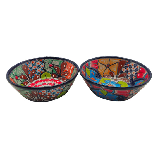 Two 7.5-inch The Talavera Hub handmade ceramic soup bowls featuring vibrant, hand-painted Mexican floral patterns.