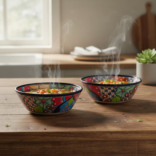 Two The Talavera Hub handmade Mexican ceramic soup bowls with vibrant floral patterns on a rustic wooden kitchen table.
