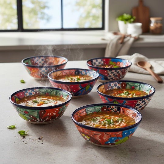 The Talavera Hub handmade 7.5-inch ceramic soup bowls with vibrant, hand-painted Mexican floral patterns on a table.
