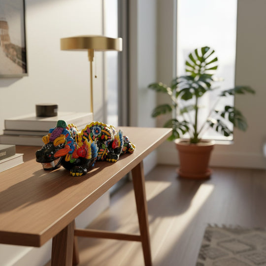 The Talavera Hub handmade black ceramic dragon statue with vibrant multicolored floral and abstract designs, 23" long.
