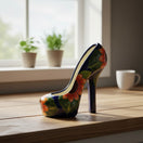 The Talavera Hub handmade ceramic high heel statue with vibrant sunflower and floral designs in blue, orange, and green.