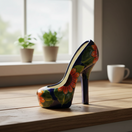 The Talavera Hub handmade ceramic high heel statue with vibrant sunflower and floral designs in blue, orange, and green.