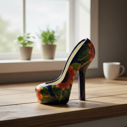 The Talavera Hub handmade ceramic high heel statue with vibrant sunflower and floral designs in blue, orange, and green.