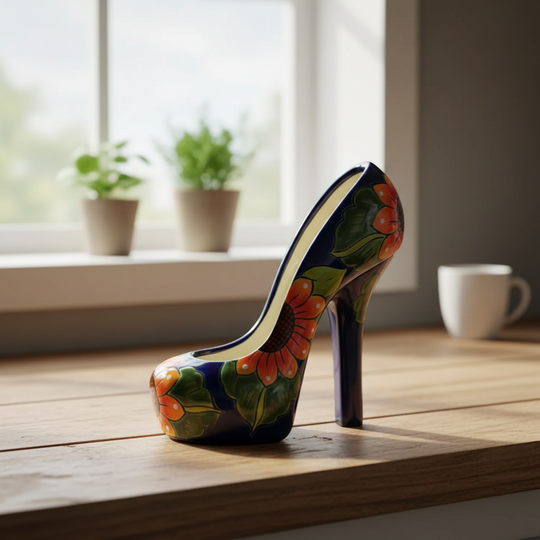 The Talavera Hub handmade ceramic high heel statue with vibrant sunflower and floral designs in blue, orange, and green.