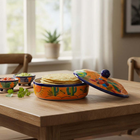 The Talavera Hub handmade orange ceramic tortilla warmer with lid, hand-painted with cacti and colorful folk art designs.