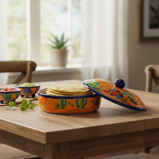 The Talavera Hub handmade orange ceramic tortilla warmer with lid, hand-painted with cacti and colorful folk art designs.