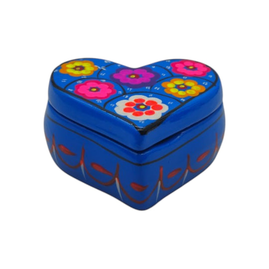 The Talavera Hub heart-shaped ceramic jewelry box with vibrant blue base and hand-painted floral patterns.