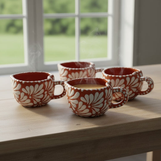 The Talavera Hub hand-painted Mexican heart-shaped mugs with white floral patterns on terracotta ceramic.