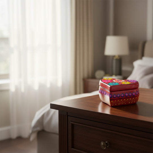 The Talavera Hub heart-shaped ceramic jewelry box with hand-painted floral patterns on a wooden bedroom nightstand.