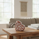 The Talavera Hub brown and white heart-shaped ceramic vase with floral pattern, 4.5" tall.
