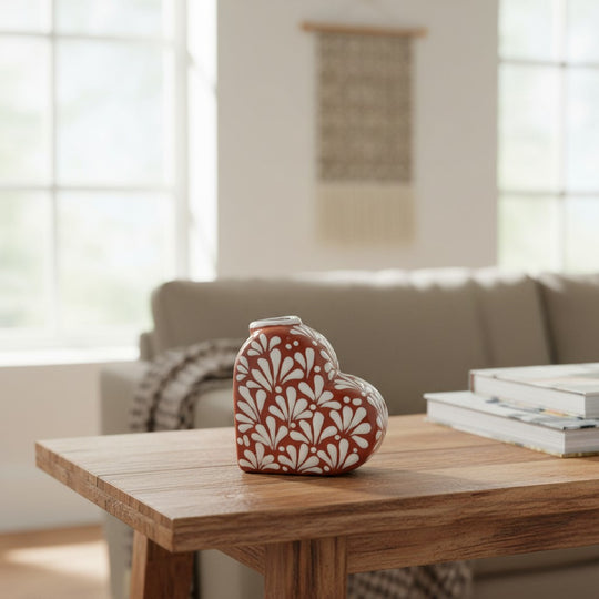 The Talavera Hub brown and white heart-shaped ceramic vase with floral pattern, 4.5" tall.