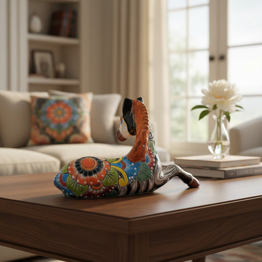 The Talavera Hub hand-painted ceramic horse planter with Day of the Dead floral motifs in vibrant orange, yellow, blue, and red.