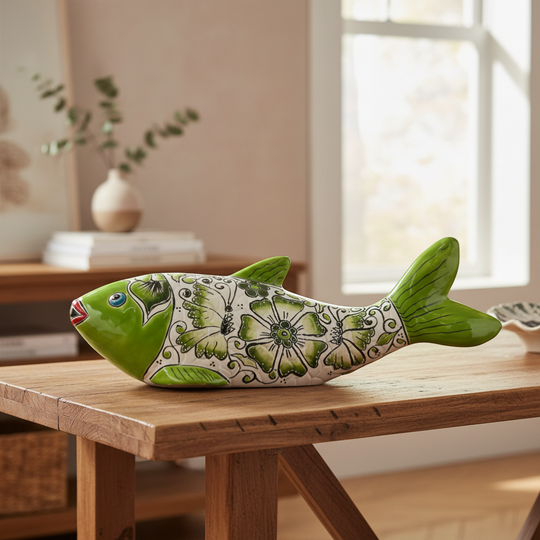 The Talavera Hub large handmade ceramic fish statue, hand-painted with green floral and butterfly motifs. Features a glossy finish and vibrant colors.