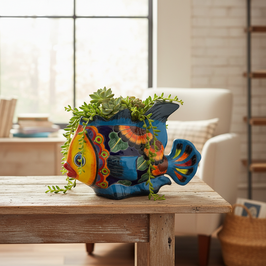 The Talavera Hub large, hand-painted ceramic fish planter in vibrant blue, orange, yellow, and green Talavera style.