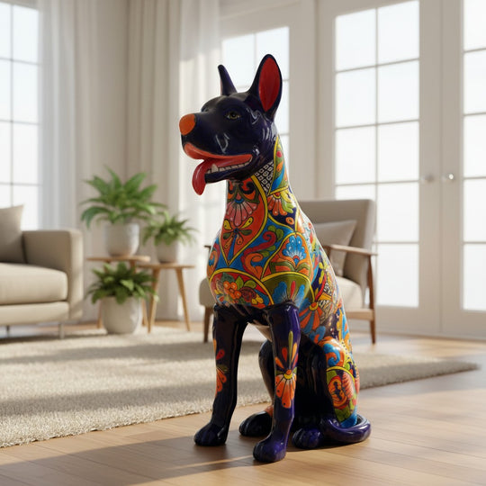 The Talavera Hub large handmade Mexican ceramic dog statue with vibrant hand-painted floral folk art patterns.