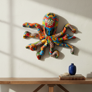 The Talavera Hub large handmade octopus wall art, hand-painted Talavera ceramic with vibrant floral and geometric patterns in red, blue, yellow, green, and black.