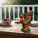 The Talavera Hub large ceramic rooster statue, hand-painted with vibrant floral details in orange, yellow, red, blue, and green.