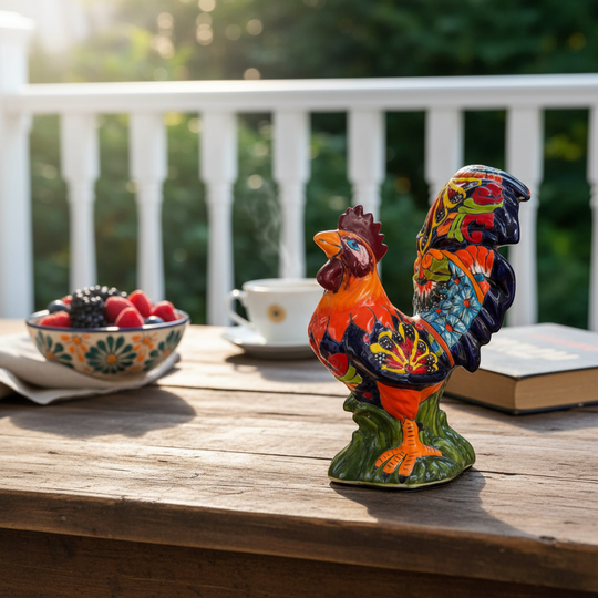 The Talavera Hub large ceramic rooster statue, hand-painted with vibrant floral details in orange, yellow, red, blue, and green.