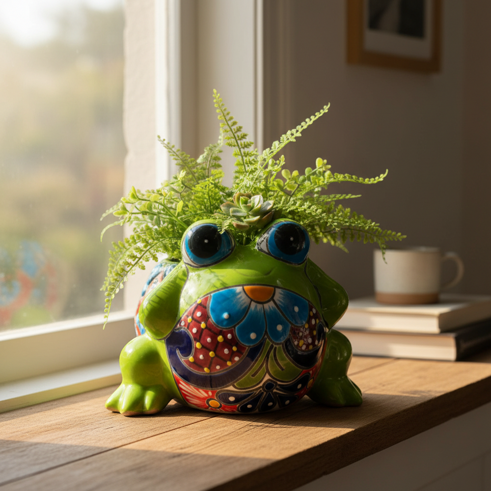 Hand-Painted Talavera Frog Planter | Medium Artful Planter