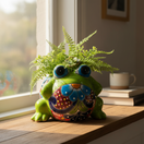 The Talavera Hub medium green Talavera frog planter with blue eyes and colorful floral belly, handcrafted Mexican pottery.