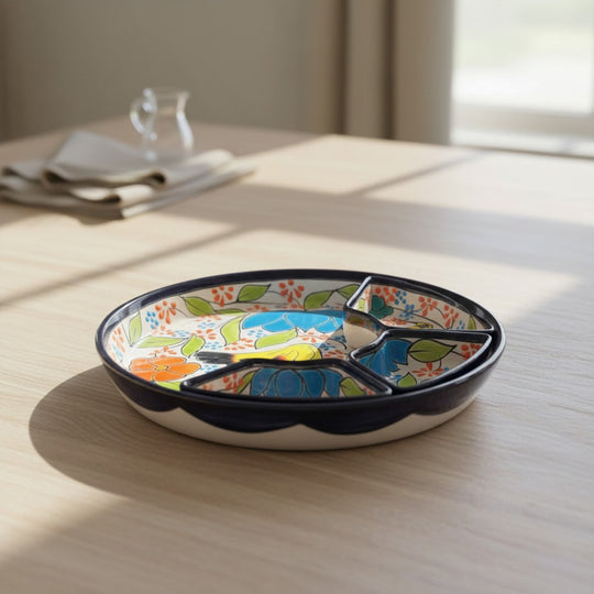 The Talavera Hub hand-painted ceramic appetizer tray with birds and flowers, featuring 3 sections and a blue lotus.