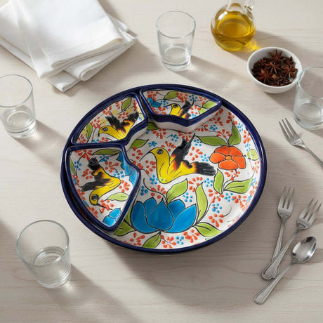 The Talavera Hub colorful ceramic appetizer tray with birds and flowers, hand-painted Mexican pottery.