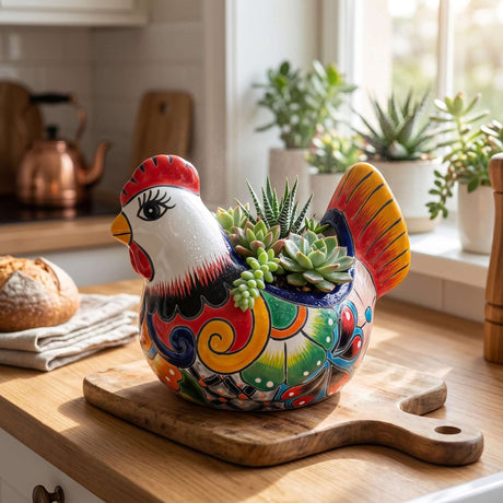 The Talavera Hub handcrafted Mexican ceramic chicken planter with vibrant hand-painted floral motifs and succulents.