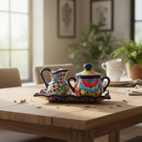 The Talavera Hub 3-piece Mexican ceramic coffee set with vibrant hand-painted floral patterns on a wooden table.