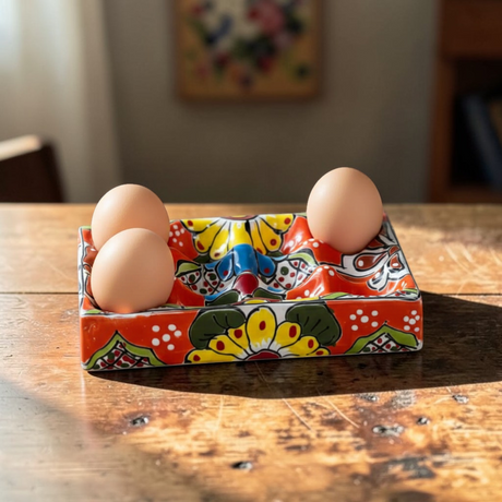 The Talavera Hub hand-painted ceramic egg holder with floral motifs in red, yellow, blue, and green.