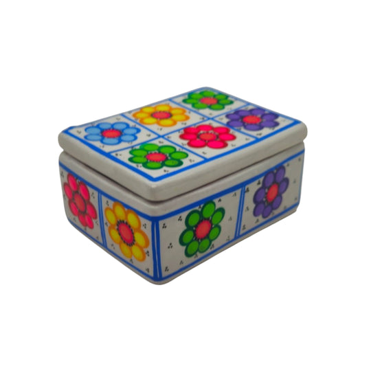 The Talavera Hub hand-painted Mexican ceramic jewelry box with vibrant floral patterns on a white background.