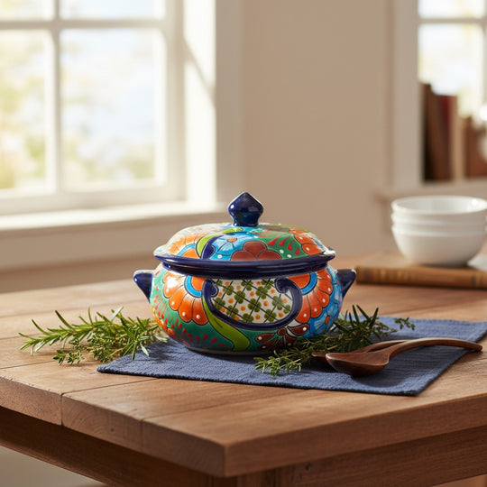The Talavera Hub handmade ceramic soup pot with lid, hand-painted floral designs in blue, orange, green, and white.