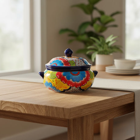 The Talavera Hub handmade ceramic soup pot with lid, featuring vibrant floral designs in blue, red, yellow, and green.
